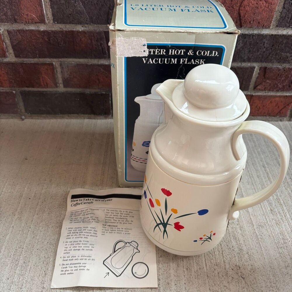 Vintage Phoenix 1L Vacuum Flask Thermos Coffee Carafe Floral Tulip Taiwan Box